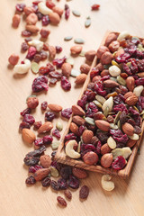 Close-up  mix different of nuts and dried fruits.