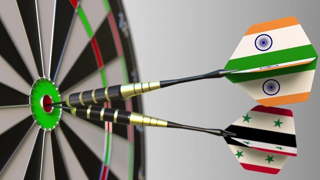 Flags of India and Syria on darts hitting bullseye of the target. International cooperation or competition conceptual animation
