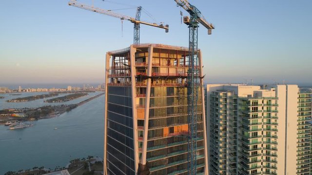 Aerial roof inspection skyscraper buildings Downtown Miami