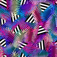 bright colors exotic leaves with geometric shapes background