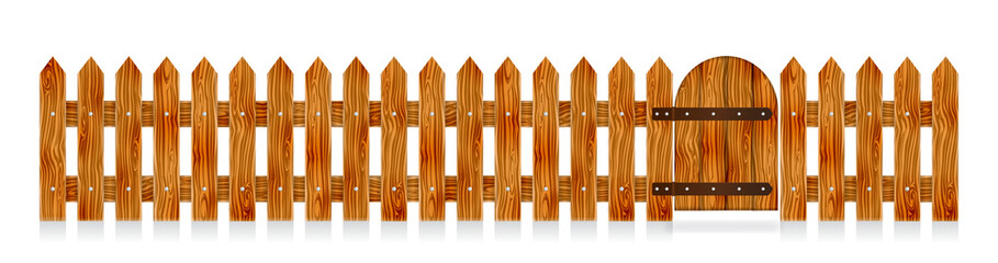 Wooden picket fence with a gate. Elements for rural design. Cartoon vector illustration.