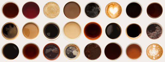 Collection of coffee cups tops isolated on white