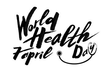 Hand-drawn text World Health Day on a textured background. Celebration of handwritten text, lettering, caligraphy for postcard, card, banner banner template. With a stethoscope pattern white and black