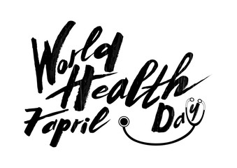 Hand-drawn text World Health Day on a textured background. Celebration of handwritten text, lettering, caligraphy for postcard, card, banner banner template. With a stethoscope pattern white and black