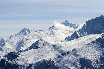 Majestic, blue, snow capped mountains. Morning in Himalayas, Nepal, Annapurna conservation area