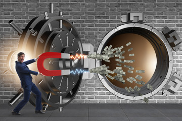 Businessman robbing bank in financial crime concept