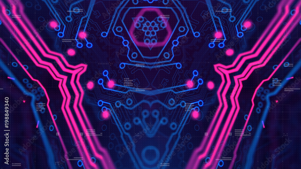 Poster symmetry pattern. dark purple violet and blue microchip backdrop. abstract background. digital techn