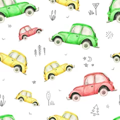 Fotobehang Auto Naadloos patroon met kleurrijke auto& 39 s en verkeersborden op witte achtergrond