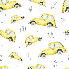 Seamless pattern with yellow cars and road signs on white background