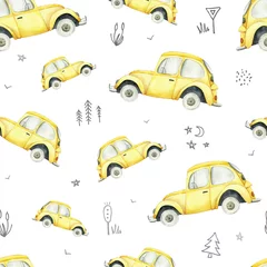 Fotobehang Auto Naadloos patroon met gele auto& 39 s en verkeersborden op witte achtergrond
