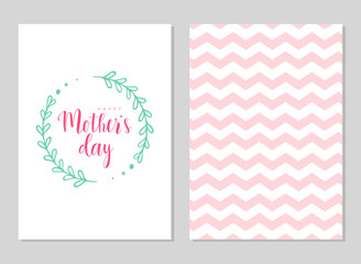 Fototapeta premium Happy mother's day template cards set. Vector greeting card with rose floral pattern and text in floral frame. Greeting cute pink card for Mother's day.