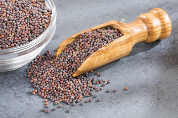 Black mustard grains in the spoon