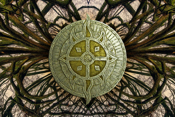 poster, celtic, forging, shield, tree