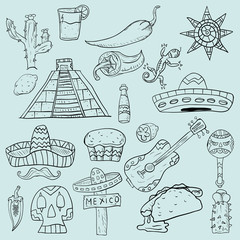 contour illustration on isolated background of Mexican items
