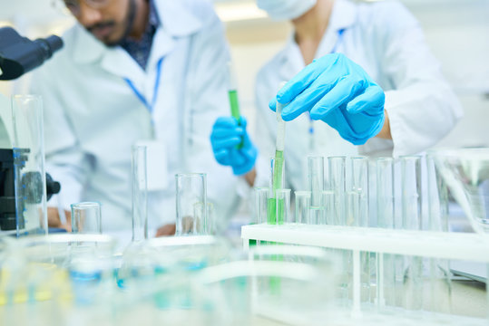 Close-up of unrecognizable medical assistant in protective gloves putting test tubes of green liquids into rack while holding laboratory research with Arabian colleague