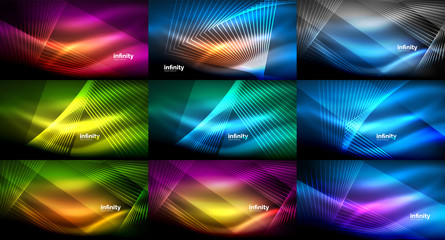 Mega collection of abstract neon backgrounds, glowing shiny lines in dark