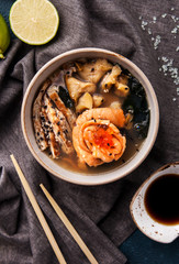 Japanese soup with salmon, eel, caviar with chopsticks and lime - 198852513