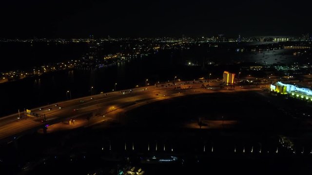 Night aerial Macarthur Causeway Miami Florida