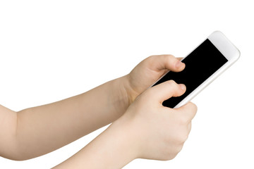 Kid hands holding blank mobile phone