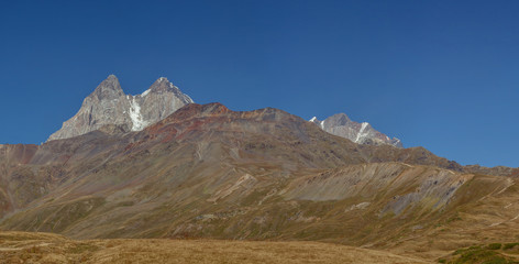 The Caucasus in Georgia. Beautiful mountain landscape. Svaneti. Nature and Mountain background. Mount Ushba