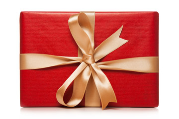 Red gift box with gold ribbon