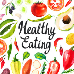 Illustration with watercolor food. Farmer's market. Set of different vegetables: tomato, pepper, peas, onion, sweet potato, potato, rosemaryy, avocado, olives, garlic. Fresh organic food.