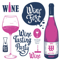 Vector illustration with labels, bottle, glass in sketch style. Alcoholic beverages set. Wine festival. Brush calligraphy illustrations for your design. Handwritten ink lettering.