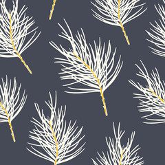 Vector holiday illustration Happy Holidays. Seamless pattern with a branch of pine on background black.