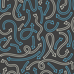 Seamless pattern with different curved arrows. Vector illustration on black background.