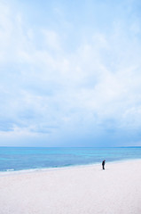 Fototapeta na wymiar Blue water and white sand at Maehama Beach, Miyako, Okinawa