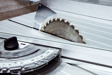 Woodworking equipment. Circular saw equipped with a goniometer.