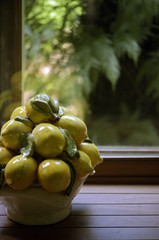 Ceramic fruit bowl with green lemons