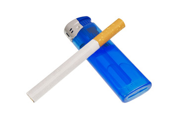 Lighter and cigarette on a white background