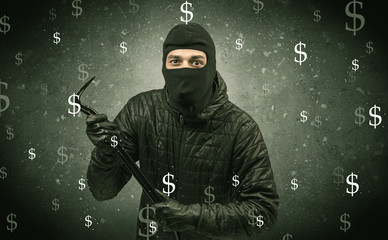 Money hungry thief in black clothes and tolls on his hand.
