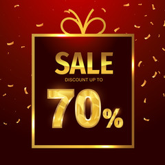 Sale discount 70 percent in gift box. Vector Low polygonal font. Special offer sale gold tag isolated vector. Discount offer price label, symbol for advertising campaign on shopping day.