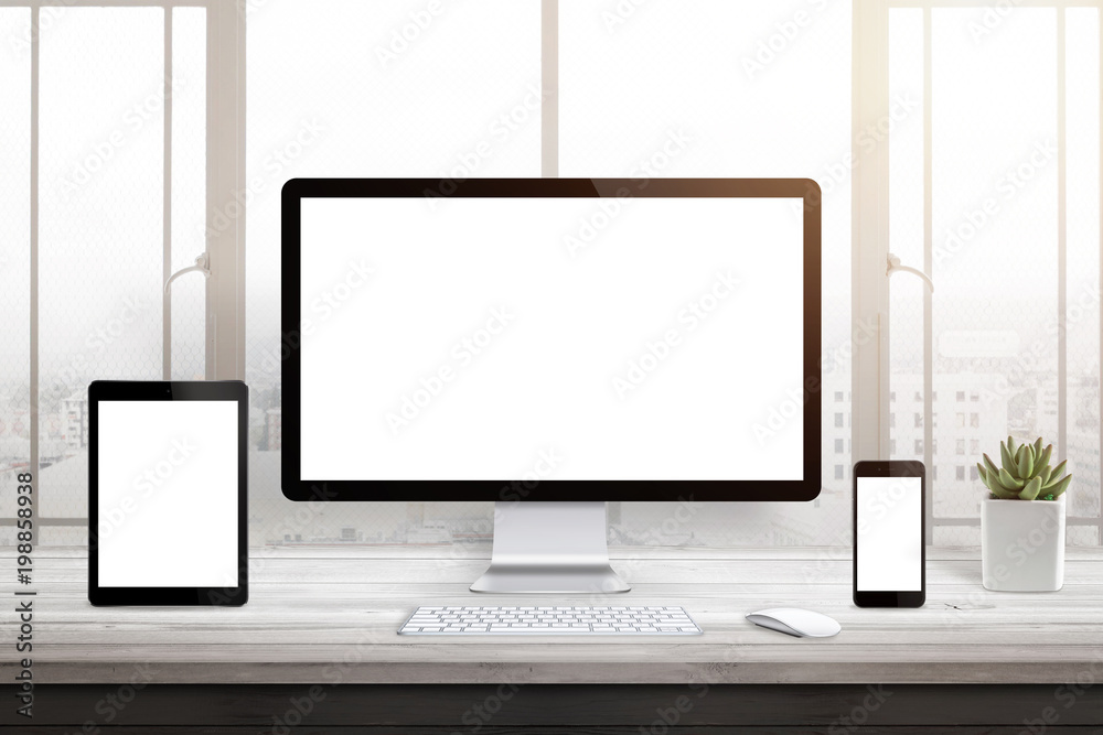 Poster Responsive web site promotion. Isolated blank computer, tablet and smart phone display. Window and sun light in background.