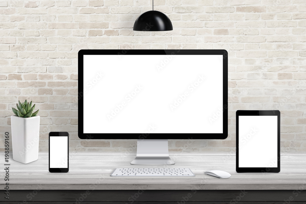 Aufkleber responsive display devices for web site, design promotion. isolated screen for mockup. brick wall in