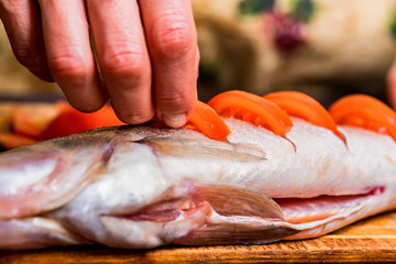 Adding tomato slices to raw zander fish