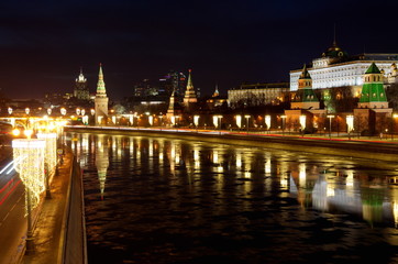Night view of Moscow Kremlin, Kremlin embankment and Moskva-river, Moscow, Russia