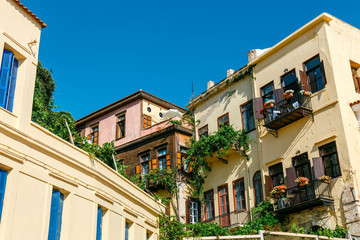 Colorful facades and architectural details of old port in Chania