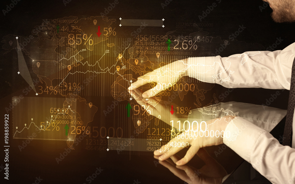Poster Hands navigate on high tech smart table with business icons and symbols