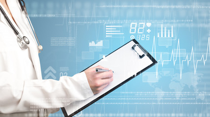 Female doctor holding notepad with blue background and heart related charts