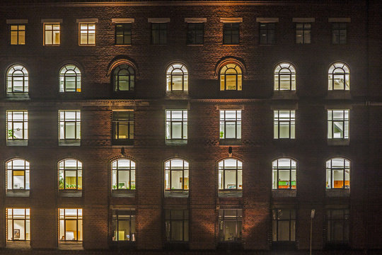 facade of Speicherstadt office at night in Hamburg