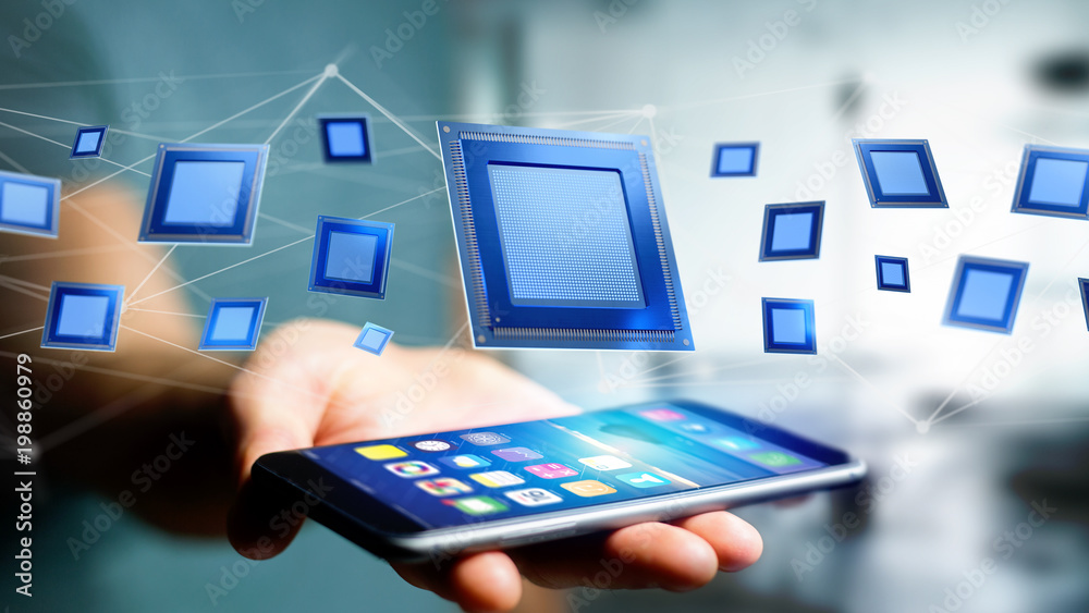 Poster businessman using a smartphone with a processor chip and network connection - 3d render
