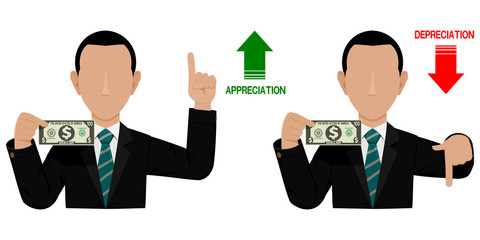 Two businessmen are presenting Dollar appreciation and depreciation
