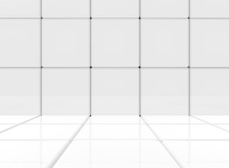 3d rendering. Abstract White rounded square cube box shape tile wall and floor background.