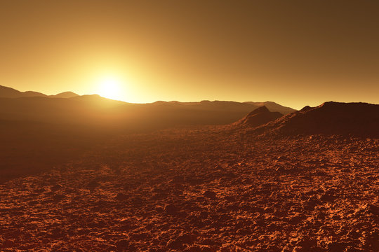 Mars - red planet - landscape with mountains during sunrise or sunset