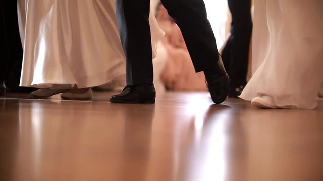 Young people at the historical ball going at the ballroom, slow-motion