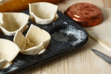 raw dough in a baking dish