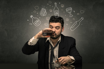 Drunk down and out man with doodle alcohol bottles concept
